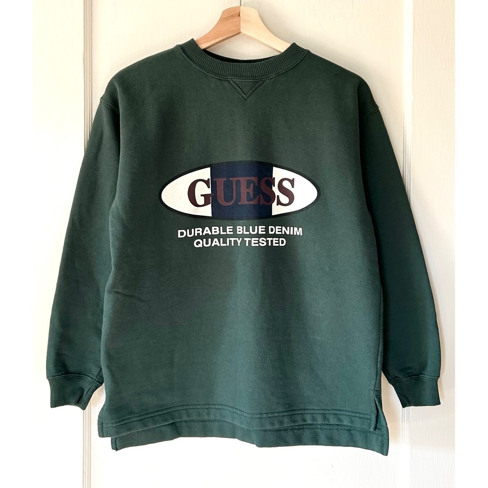 Vtg Guess Logo Cotton Fleece Crewneck Pullover Sweatshirt‎ Green Boys L Retro